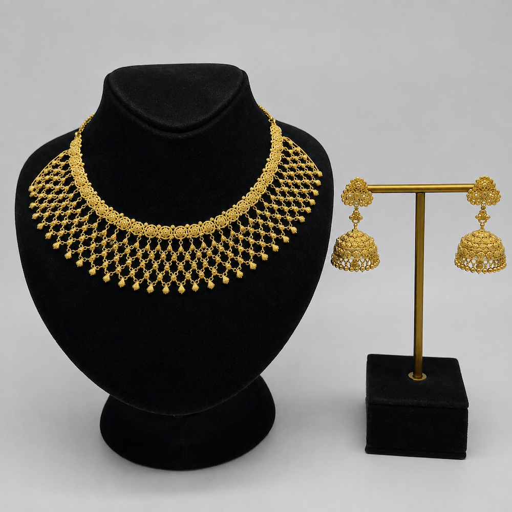 Traditional bridal gold necklace with matching earrings for a wedding