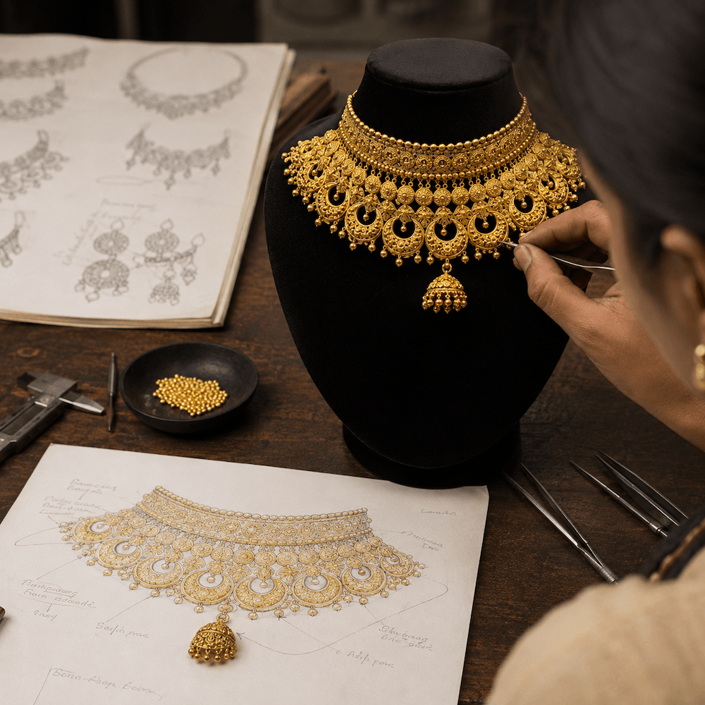 Custom gold necklace being crafted by a jewellery designer